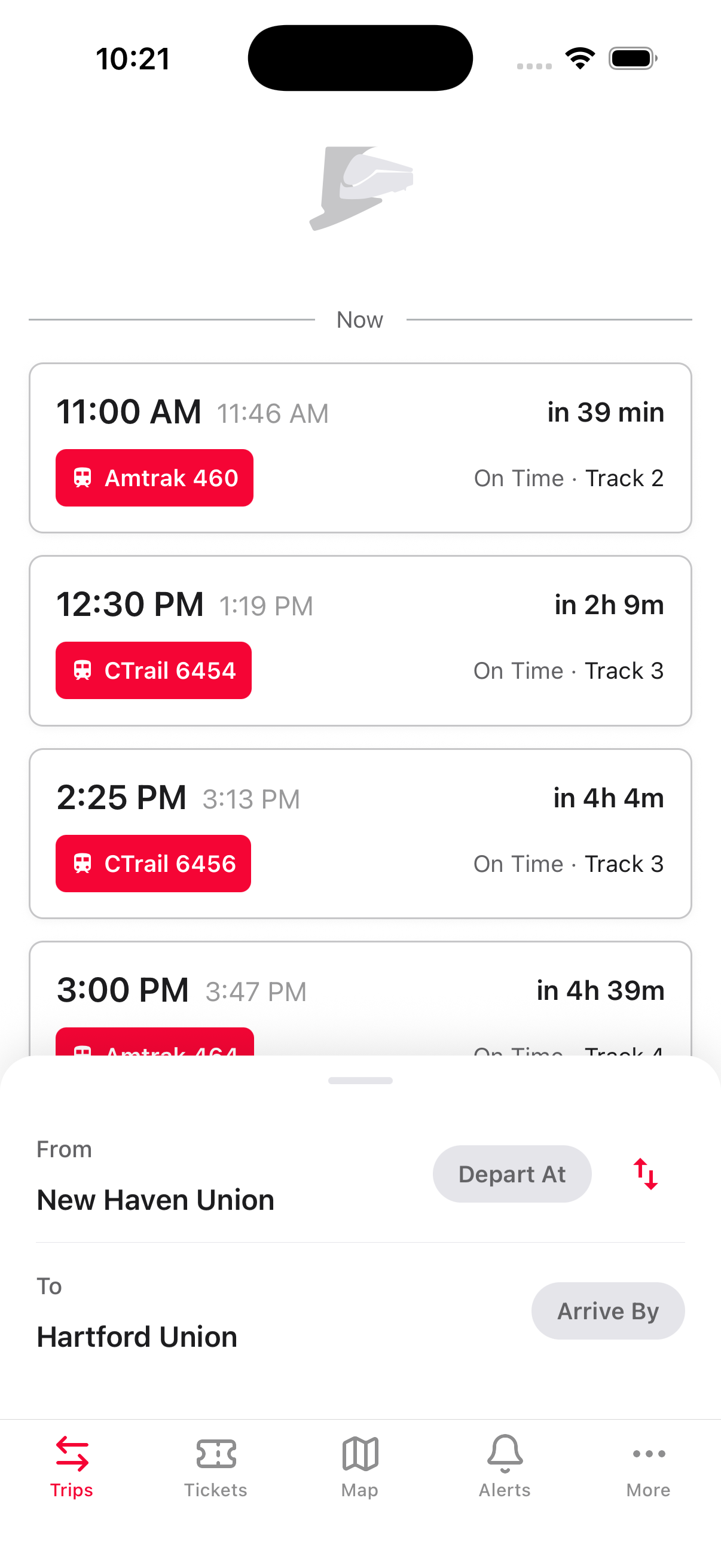 CT RailTime app showing live train departures from New Haven Union to Hartford Union